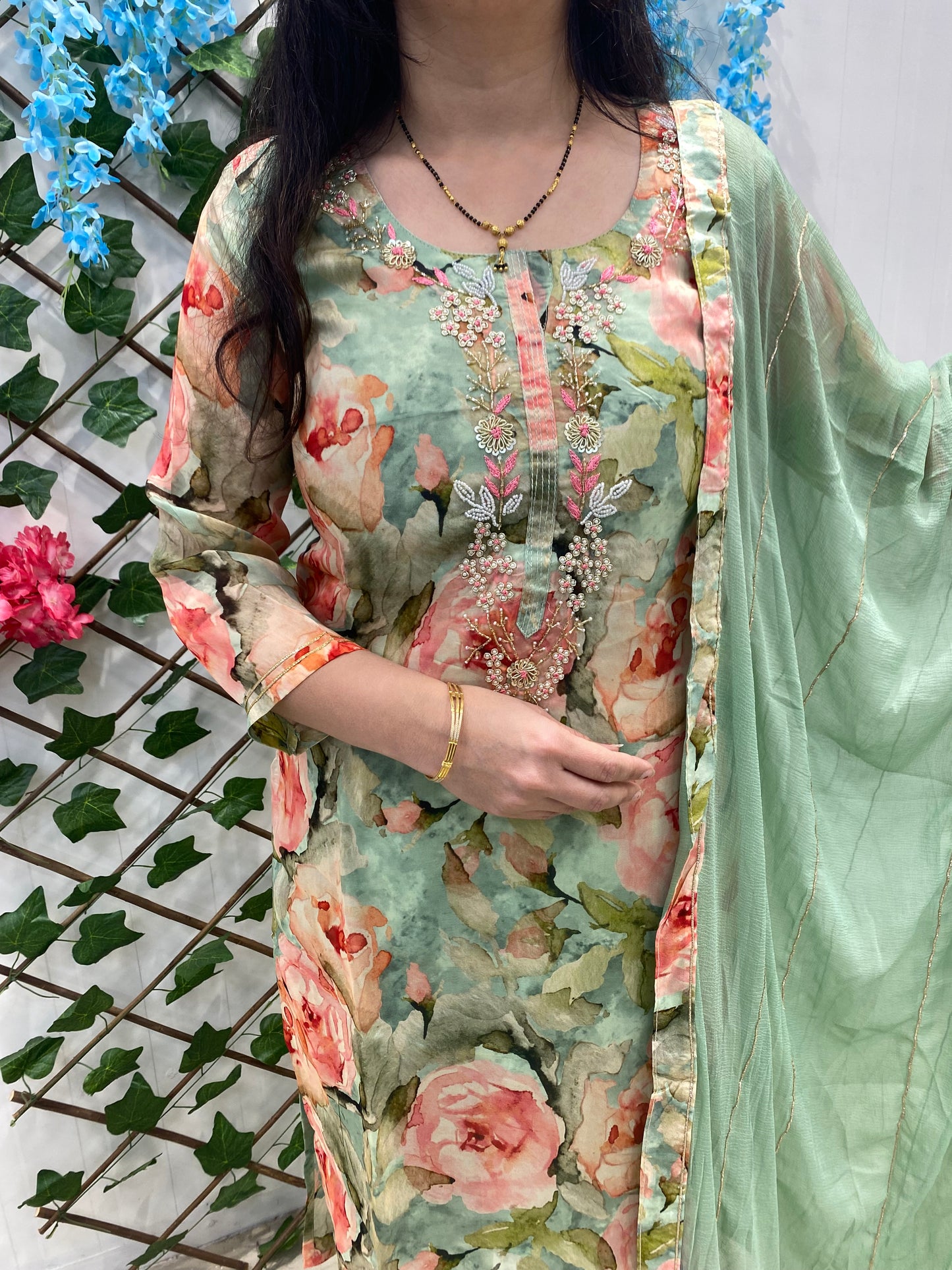 Green Party Suit With Embroidery On Neck
