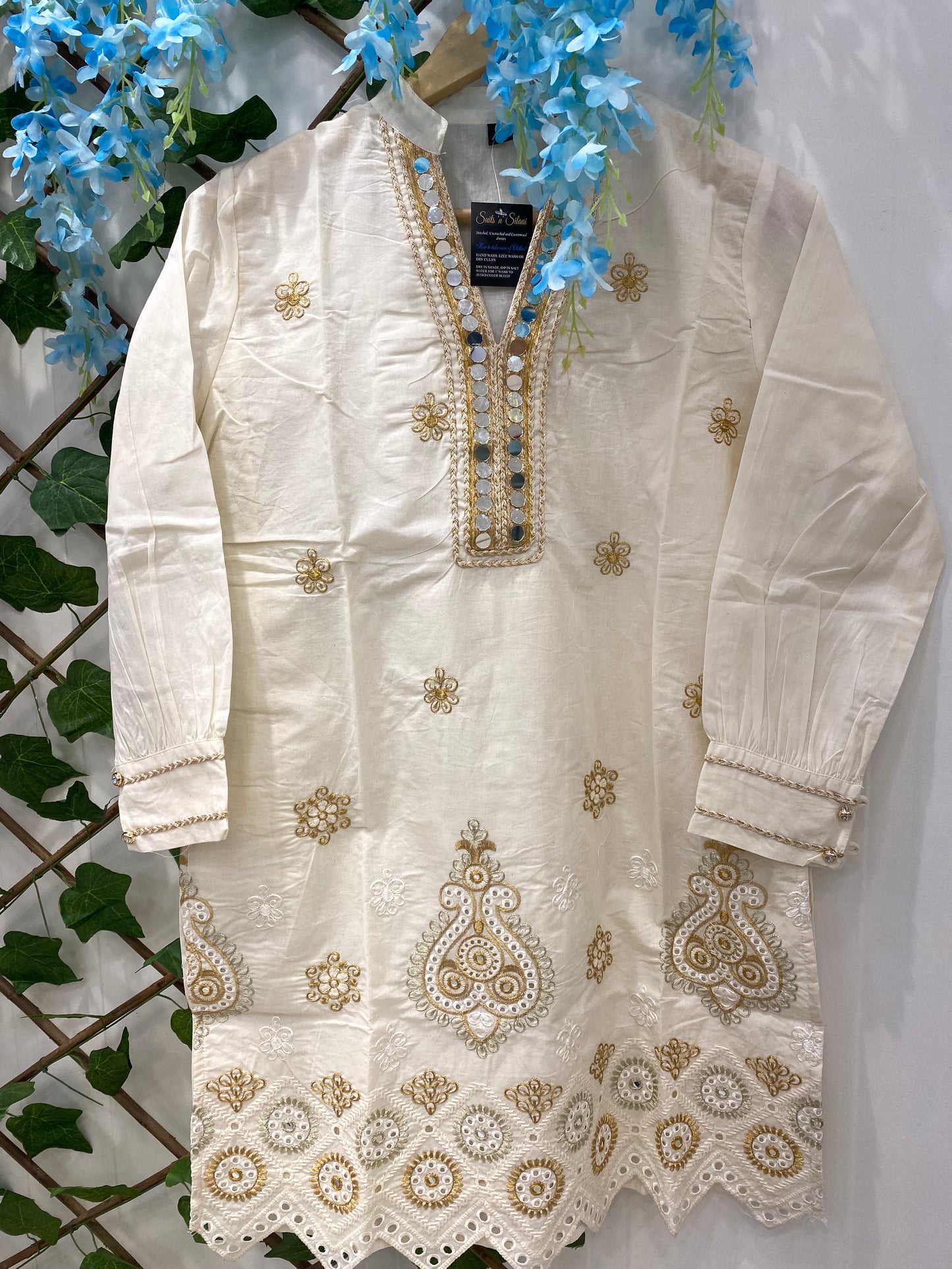 Off White Co-ord Set With Mirror Work On Neck And Cut Work Border