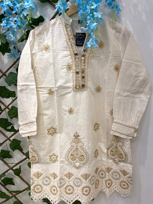 Off White Co-ord Set With Mirror Work On Neck And Cut Work Border