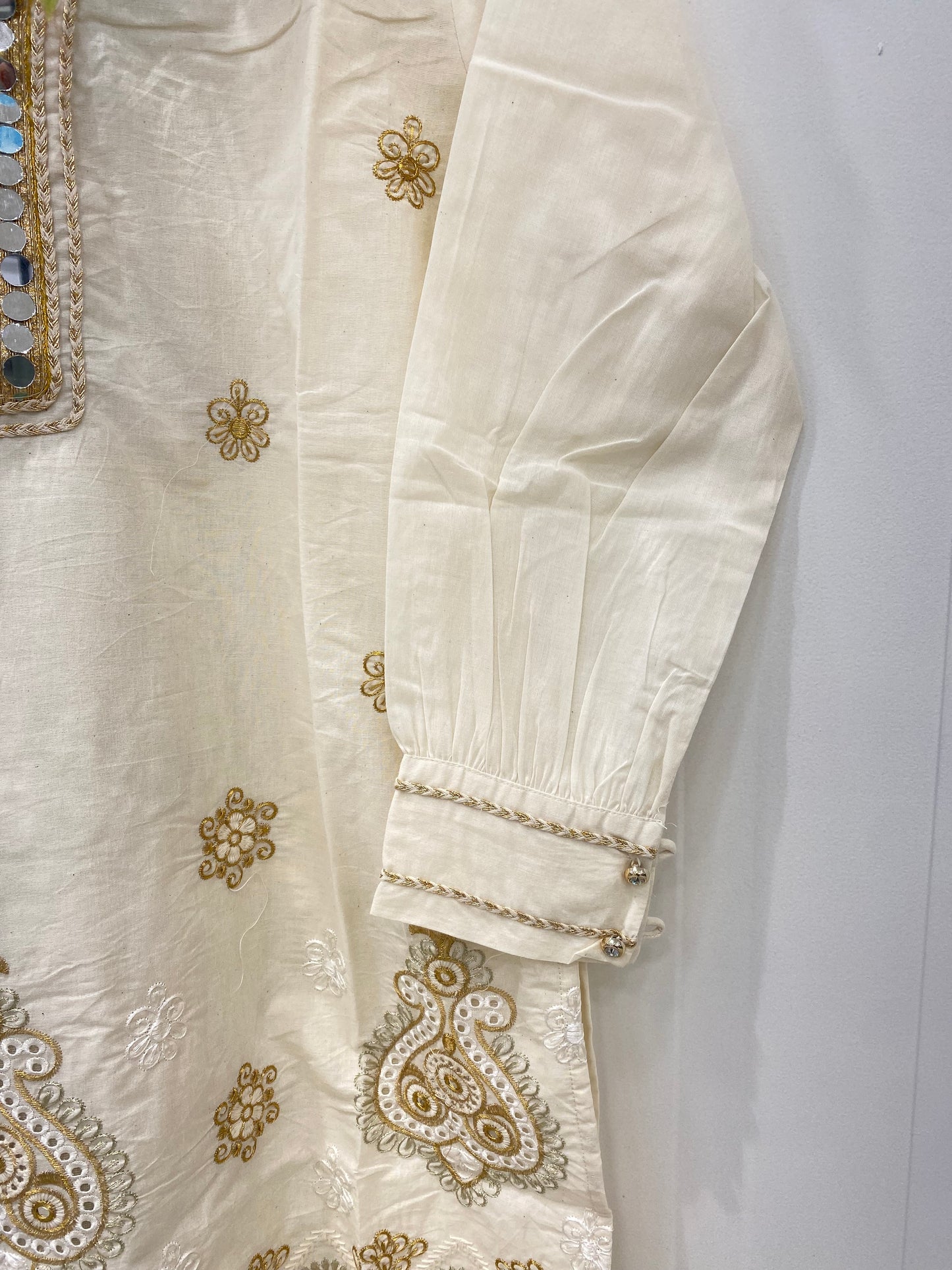 Off White Co-ord Set With Mirror Work On Neck And Cut Work Border