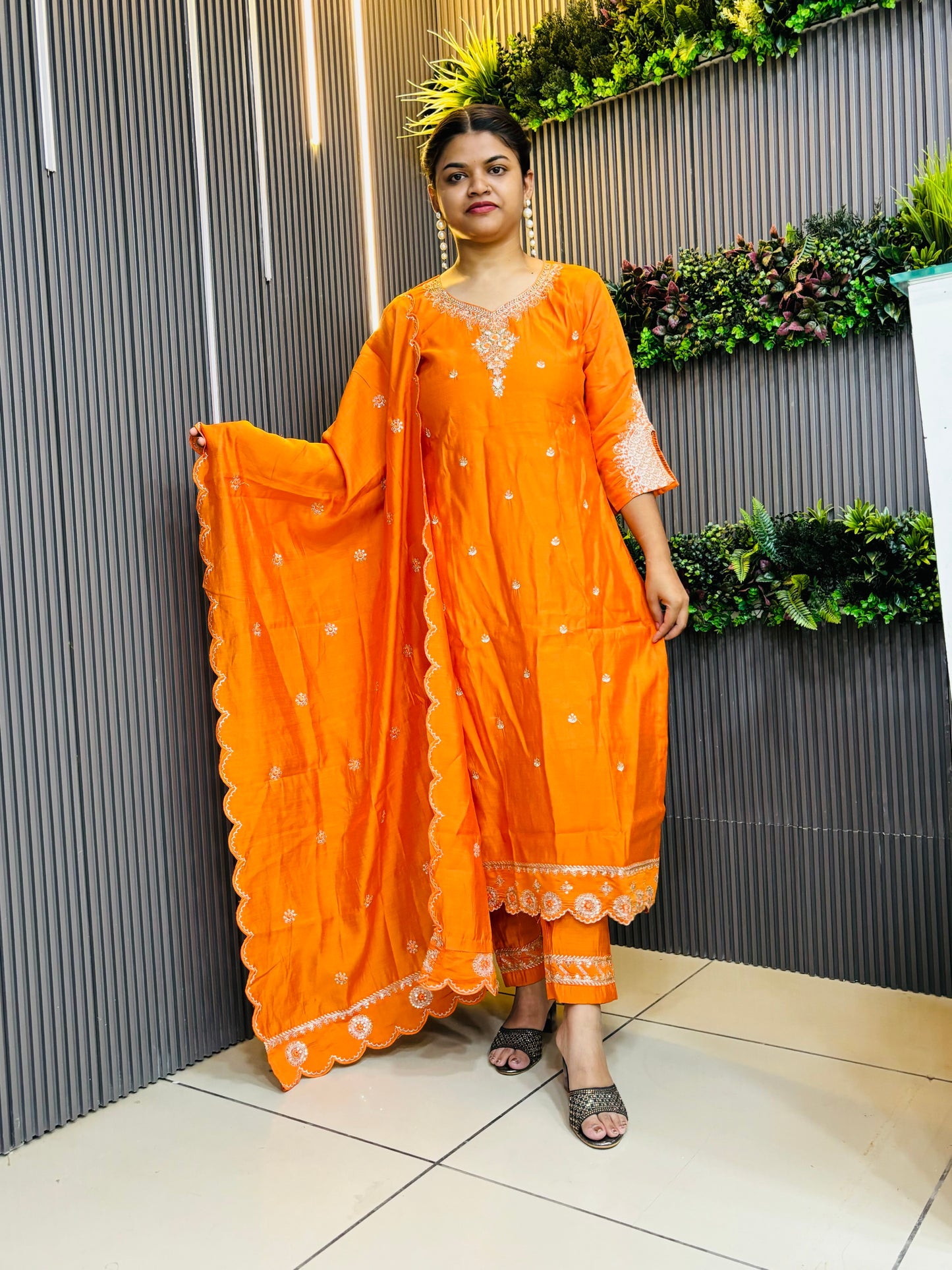 Orange full yolk embroidery with cutwork kurta set