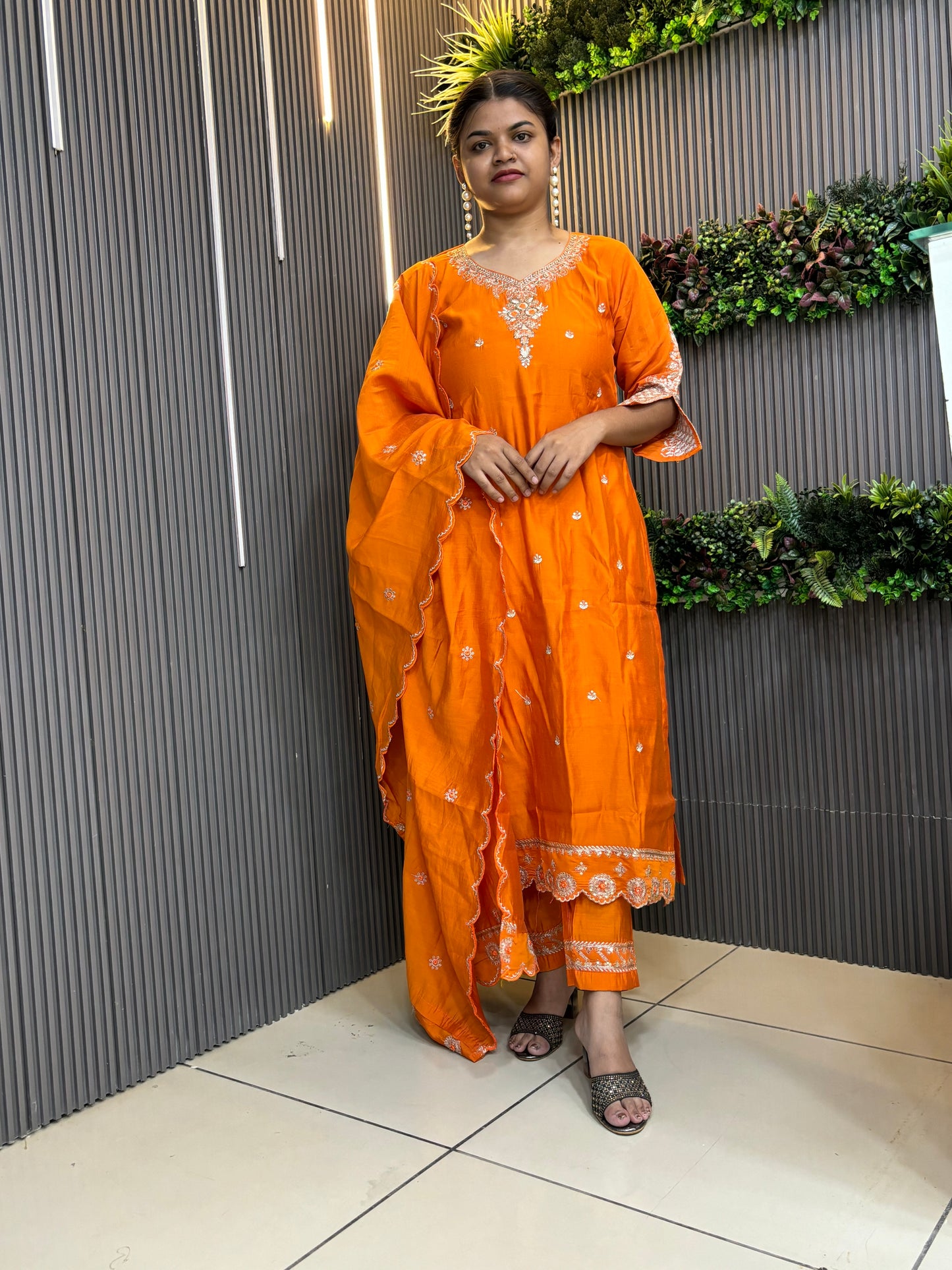 Orange full yolk embroidery with cutwork kurta set