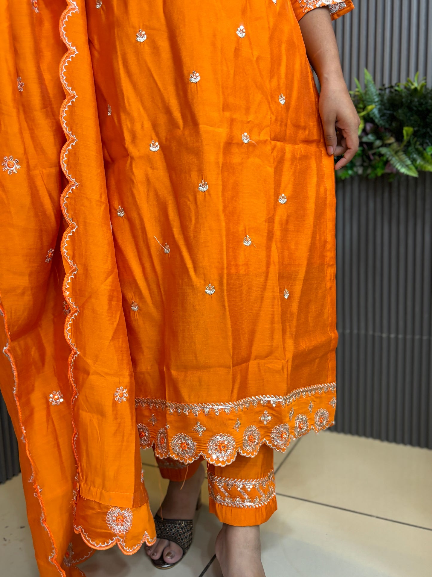 Orange full yolk embroidery with cutwork kurta set