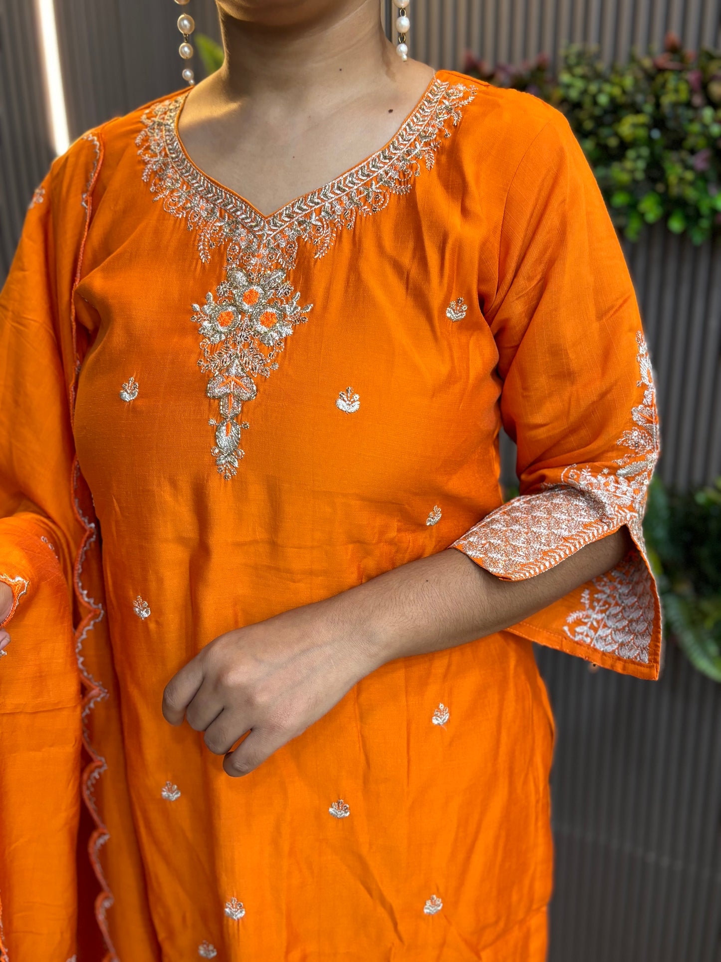 Orange full yolk embroidery with cutwork kurta set