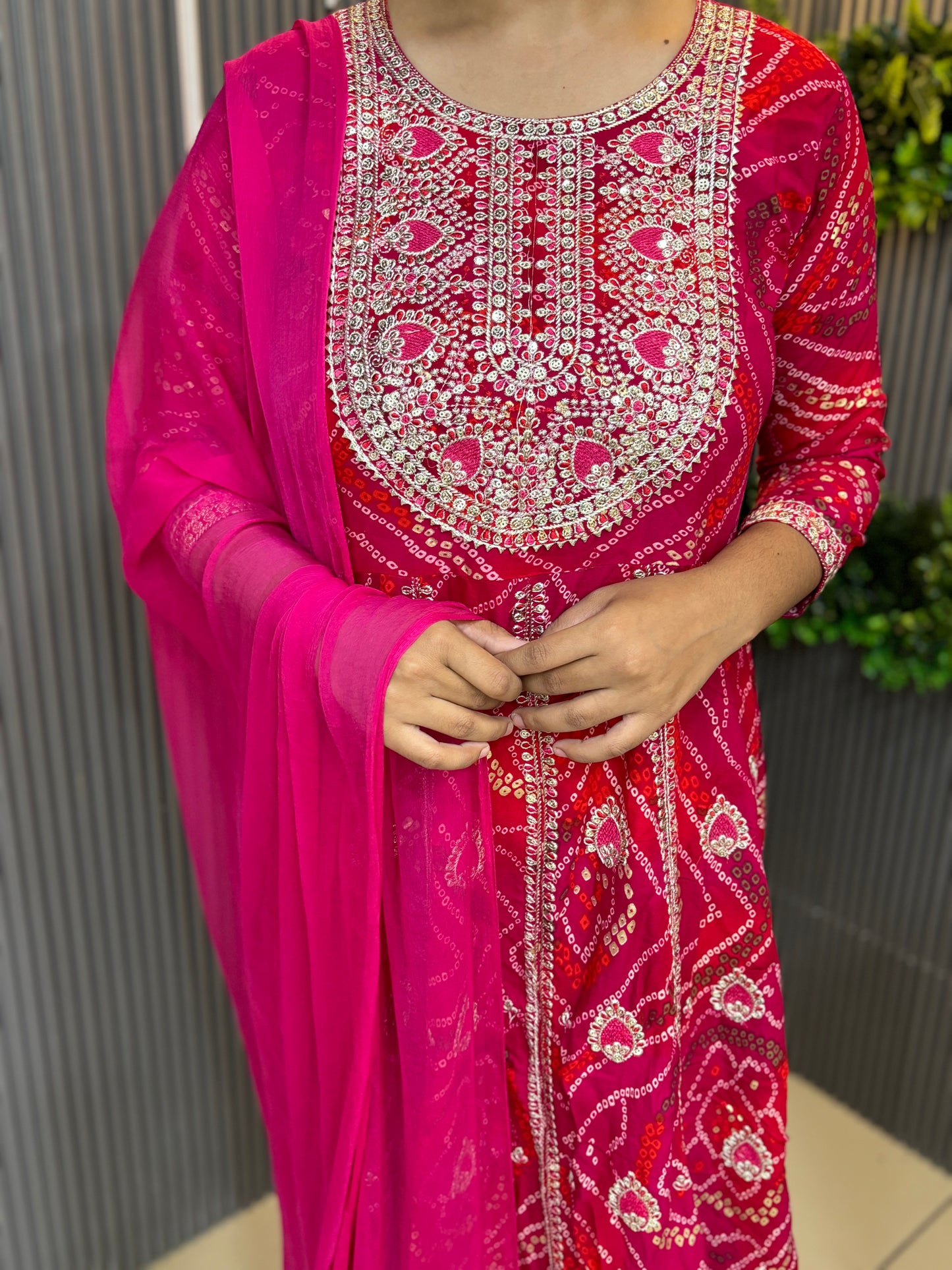 Red rani embroidered rayon anarkali set