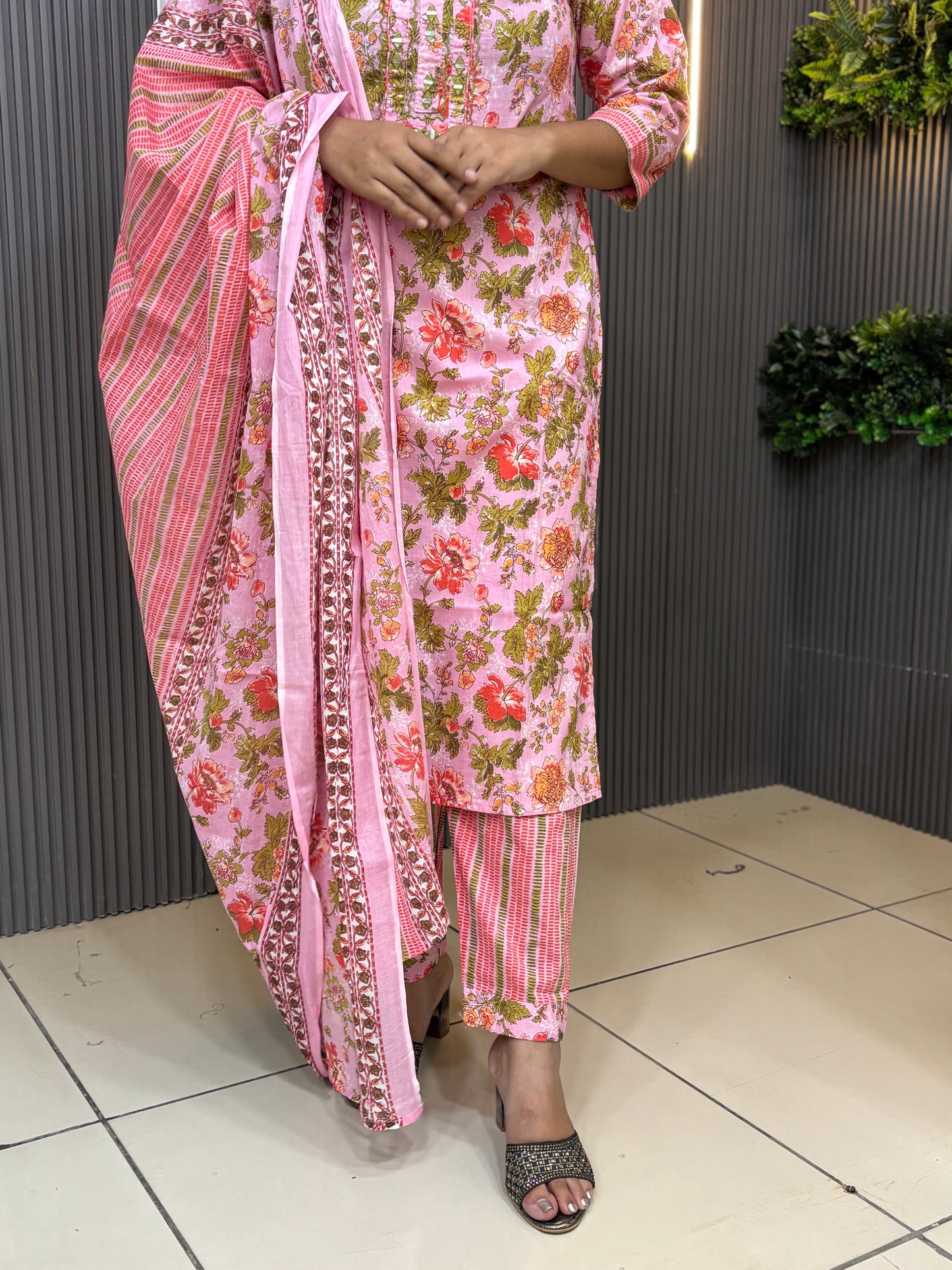 Pink floral pure cotton kurta set