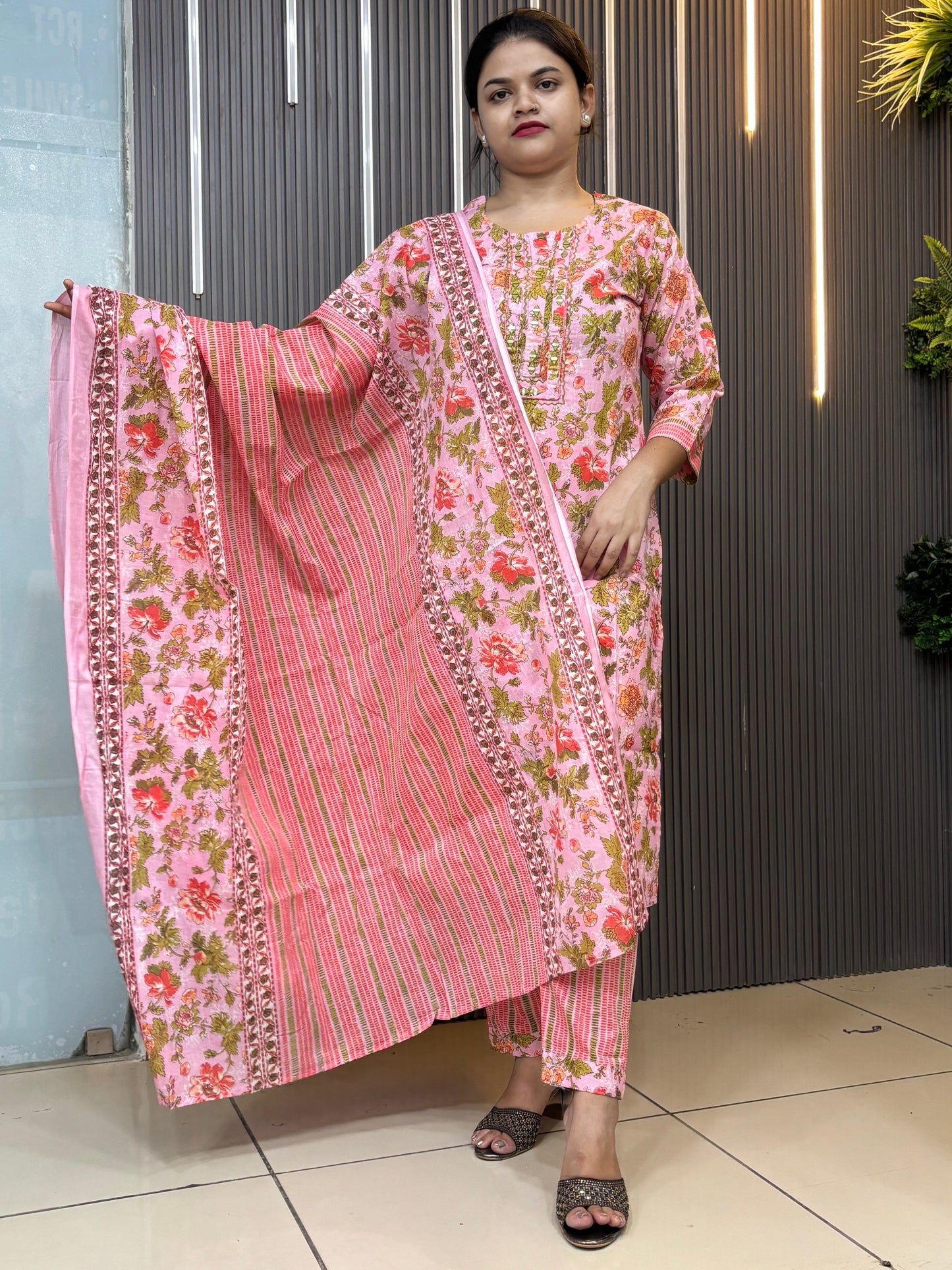 Pink floral pure cotton kurta set