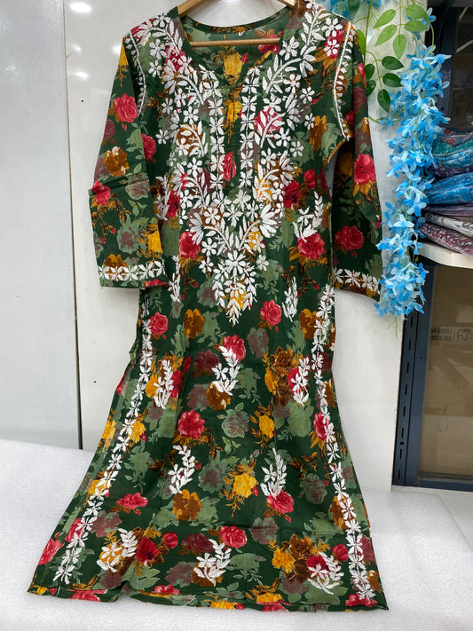 Dark Green floral chikankari kurta