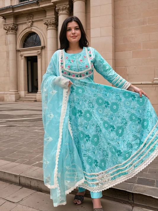 Blue fully embroidered anarkali set
