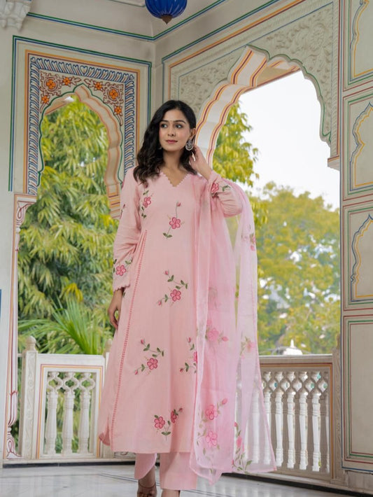 Floral Embroidered A-line Brush Paint Kurta Set