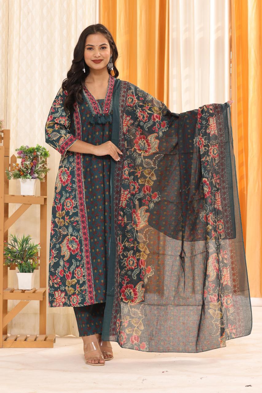 Green A-Line Cotton Suit