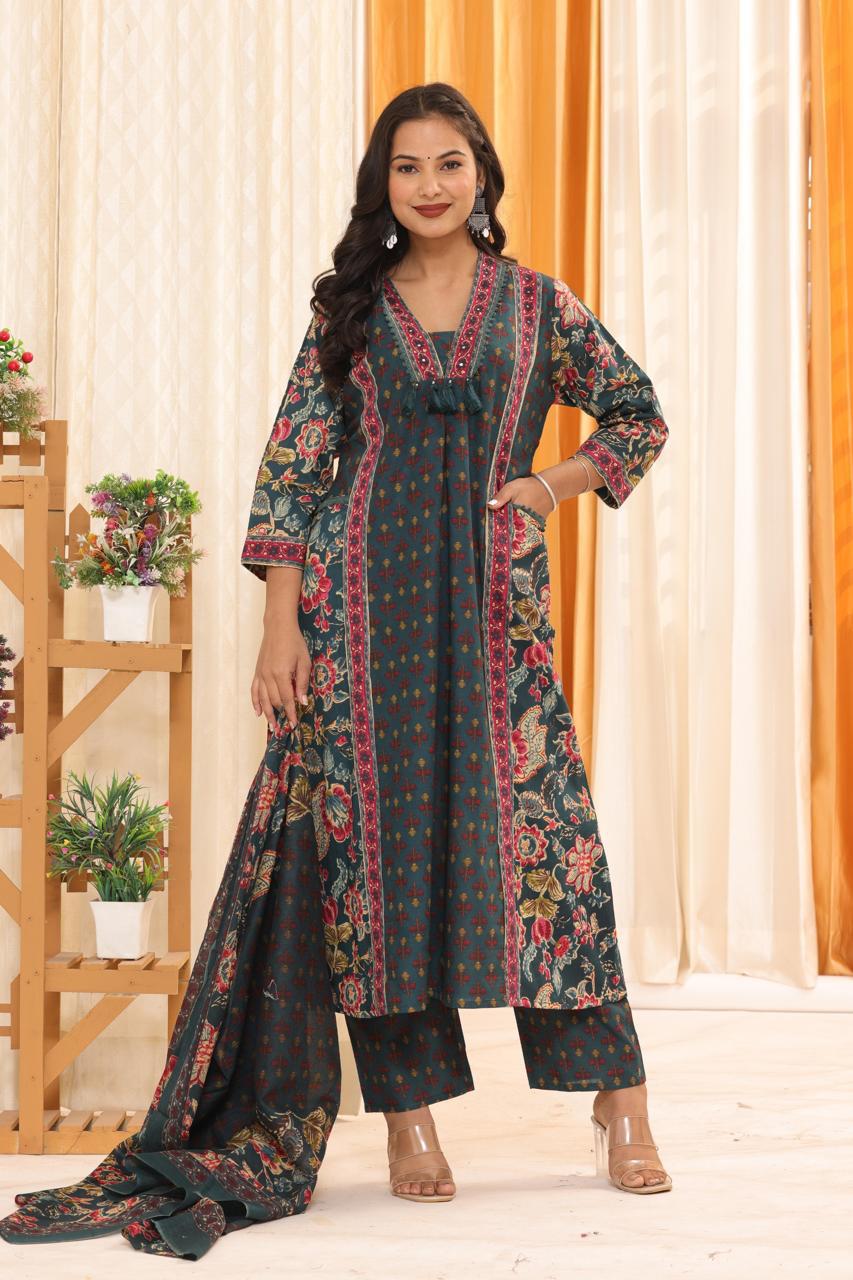 Green A-Line Cotton Suit