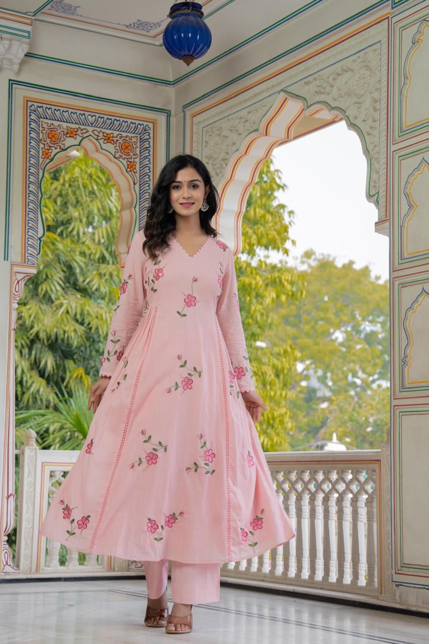 Floral Embroidered A-line Brush Paint Kurta Set