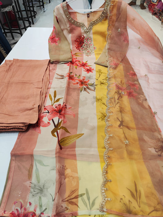 Brown Suit With Organza Dupatta