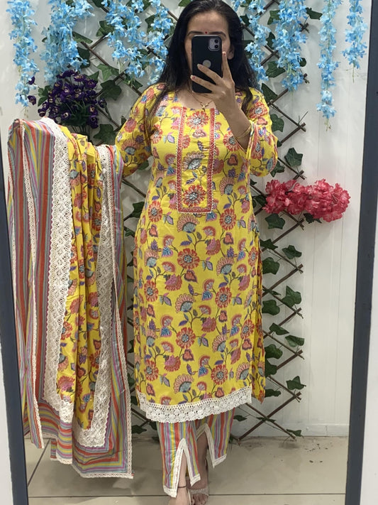 Yellow Pure Cotton Suit with Tulip Pants