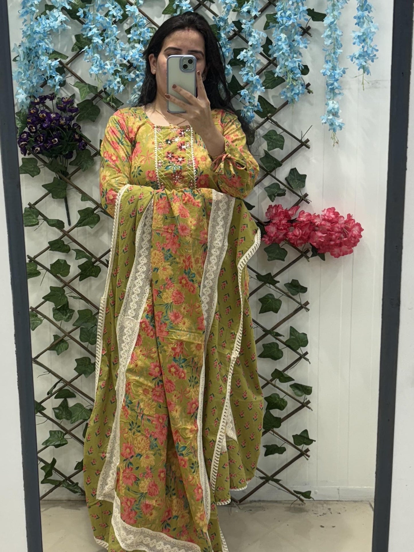 Green Premium Cotton Suit with Lace Detailing