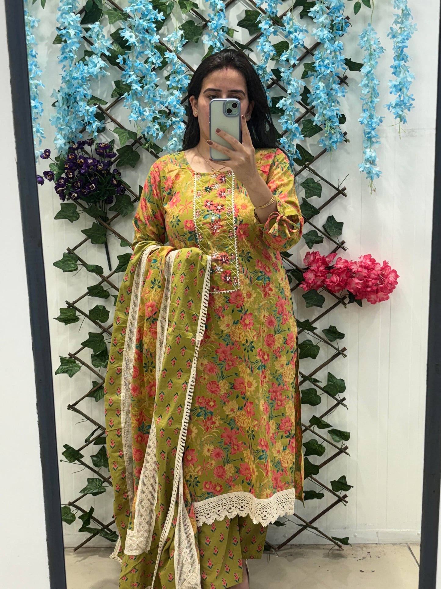 Green Premium Cotton Suit with Lace Detailing
